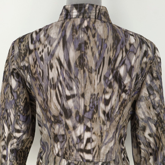 Chicos Jacket 1 Womens Medium 8 Blue Beige Nylon Blazer Ruffle Neck Career - Picture 9 of 15